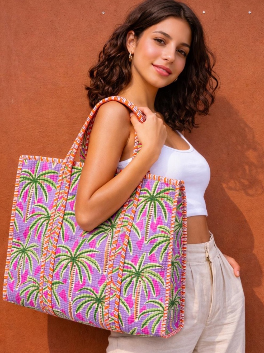 Large Zippable Indian Print Cotton Tote Bag